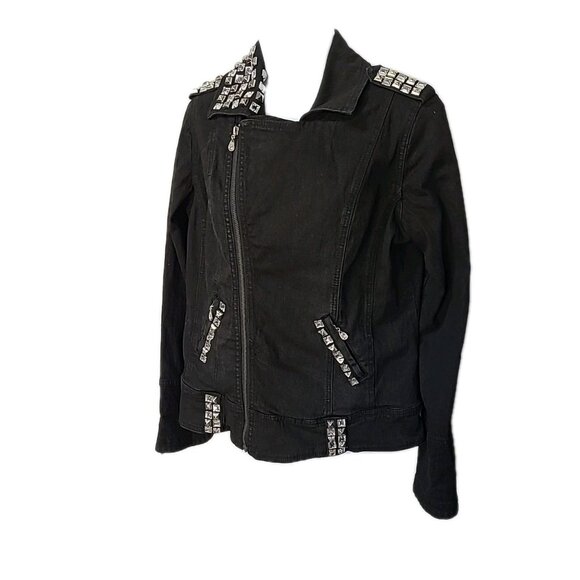 DG2 Moto Jacket M Black Denim Jean Rhinestone Trim Zippers Pockets Epaulets - Picture 2 of 16
